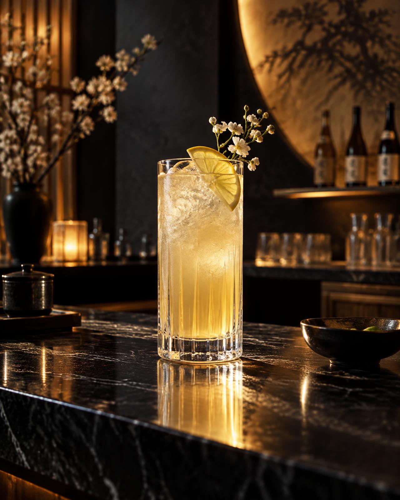 Goldener Akari Cocktail in dunkler Bar-Atmosphäre